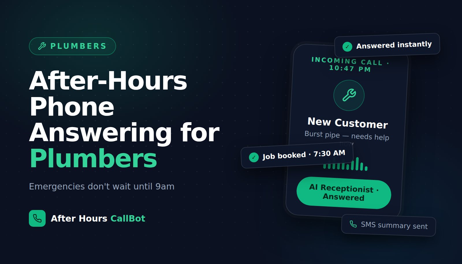 Illustration of after-hours phone answering for plumbers — a late-night emergency call answered and booked automatically