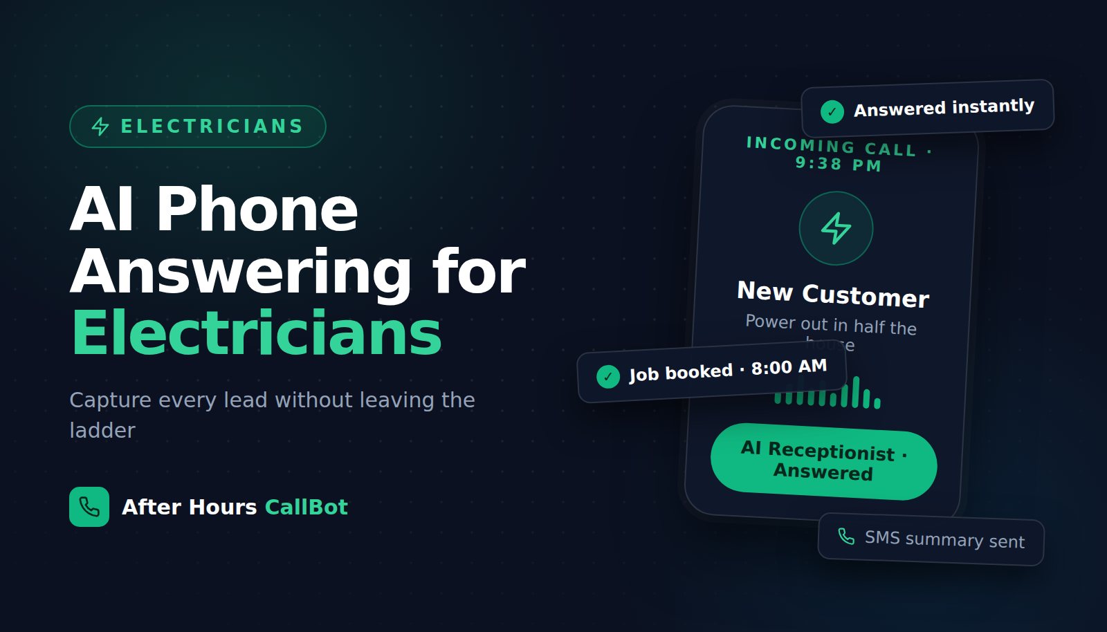 Illustration of AI phone answering for electricians — an urgent power-outage call answered while the electrician is on a job