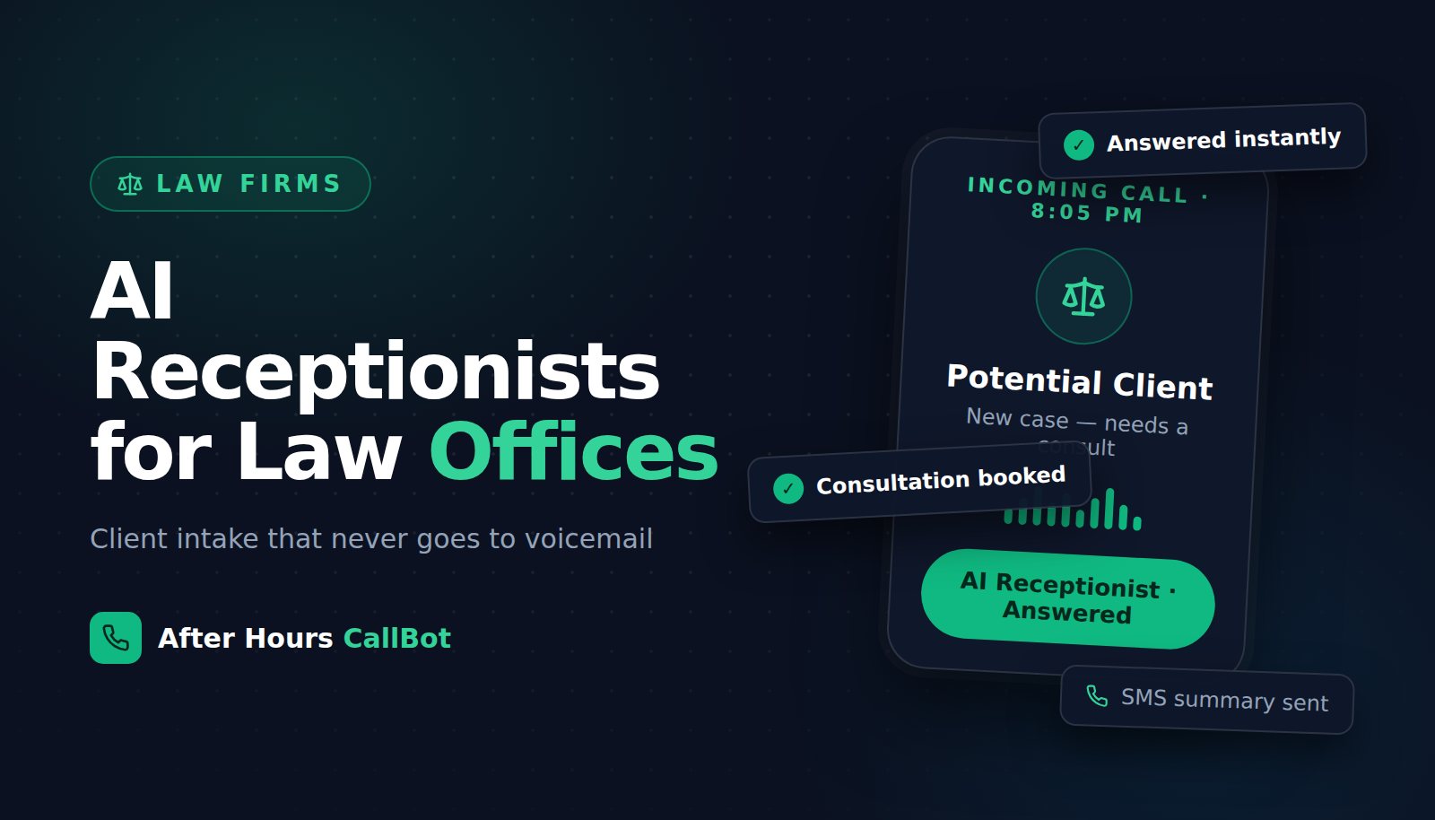 Illustration of an AI receptionist for law offices answering a potential client call and booking a consultation