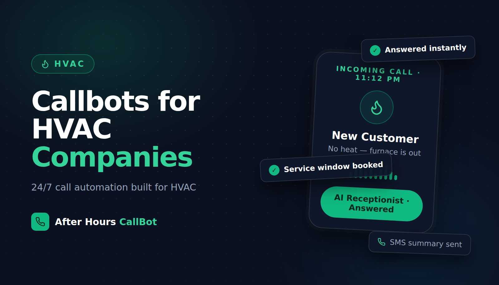 Illustration of an HVAC callbot answering a no-heat emergency call at 11:12 PM and booking a service window