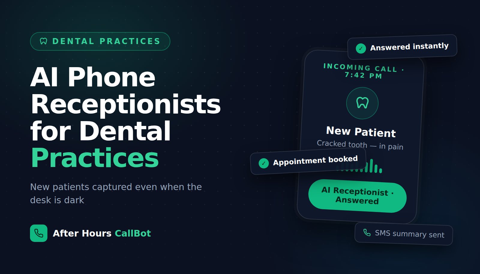 Illustration of a dental practice's AI phone receptionist answering a patient call after hours and booking the appointment