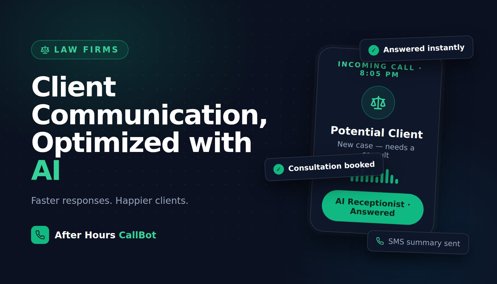 Illustration of AI-optimized client communication for lawyers — an evening client call answered and a consultation booked